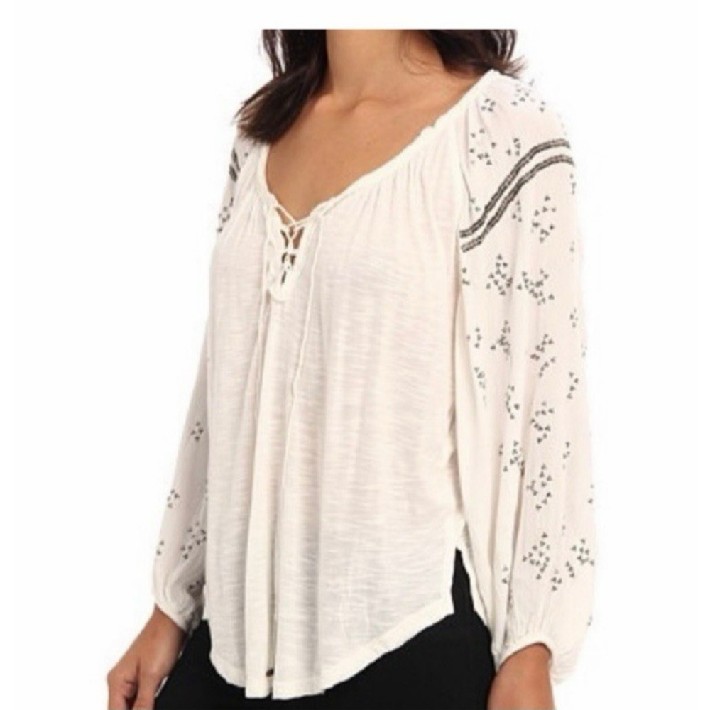 Free People Golden Nugget Beaded Top Womens Sm White Long Sleeves Boho Peasant